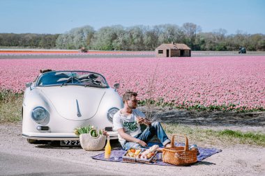 Lisse Netherlands ,. couple doing a road trip with a old vintage sport car White Porsche 356 Speedster, Dutch flower bulb region with tulip fields clipart