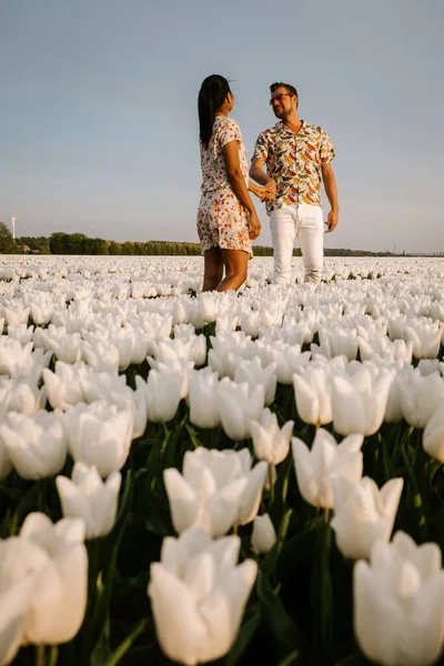 네덜란드의 봄에 꽃밭을 걷고 있는 부부, 튤립 밭에서 꽃밭을 걷고 있는 남녀, 노를 르 드 홀랜드에 있는 형형색색의 꽃들 사이에서 줄을 서 있는 남녀 — 스톡 사진