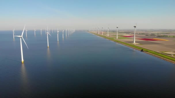 Ветряная турбина с высоты птичьего полета, вид с дрона на ветропарк Вестермердейк ветряная мельница ферма в озере Эйсселмер крупнейший в Нидерландах, устойчивое развитие, возобновляемые источники энергии — стоковое видео