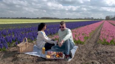 Hollanda 'da bahar boyunca çiçek tarlasında yürüyen çift, Tulip tarlasında erkek ve kız, Noordoostpolder Hollanda' da renkli çiçek çizgileri içinde erkek ve kadın.