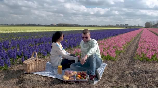 Couple walking in flower field during Spring in the Netherlands, boy and girl in Tulip field, men and woman in colorful lines of flowers in the Noordoostpolder Holland — Stock Video