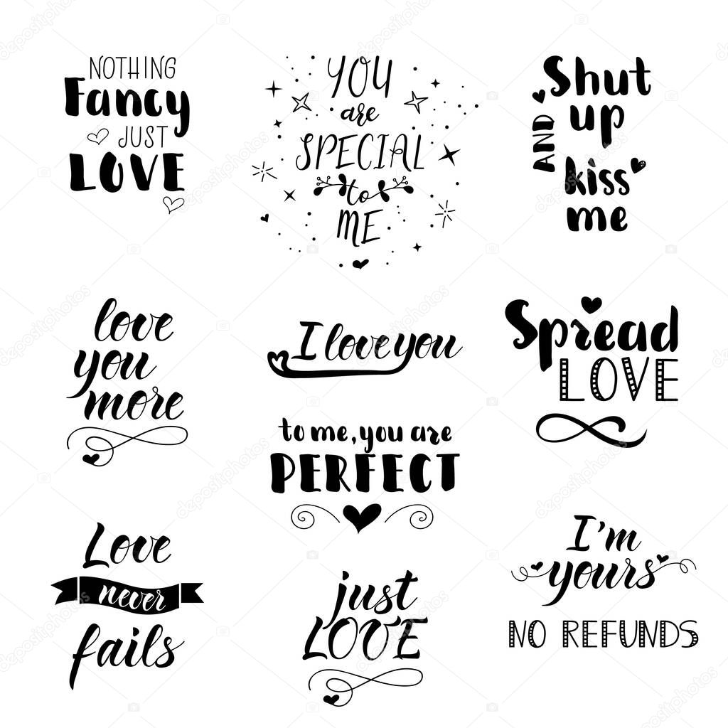 10 phrases about love. Ink hand lettering. Modern brush calligraphy. Inspiration graphic design typography element.