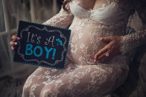 Future Mother Poses Her Belly Sign She Writes Its Boy — Stock Photo, Image