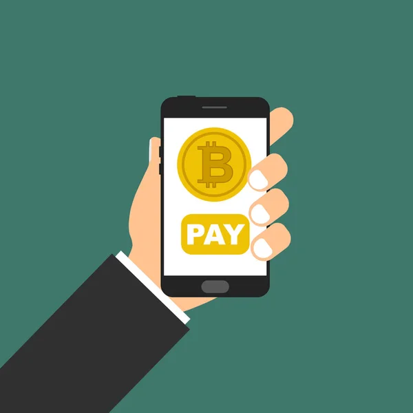 Smartphone in der Hand. Bitcoin-Konzept — Stockvektor