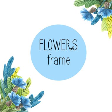 Hand-drawn watercolor square frame with meadow small flowers and herbs on white background. Design for cards, invitations, flyers. 