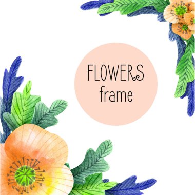 Hand-drawn watercolor square frame with meadow small flowers and herbs on white background. Design for cards, invitations, flyers. 