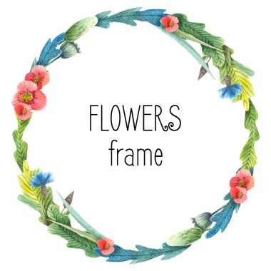 Hand-drawn watercolor square frame with meadow small flowers and herbs on white background. Design for cards, invitations, flyers. 