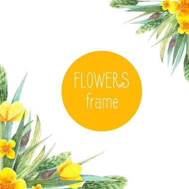 Hand-drawn watercolor square frame with meadow small flowers and herbs on white background. Design for cards, invitations, flyers. 