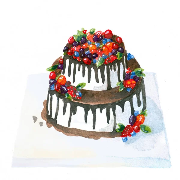 Watercolor illustration. Drawing of a cake with chocolate and berries. Sweet dessert. Element for design. On an isolated background