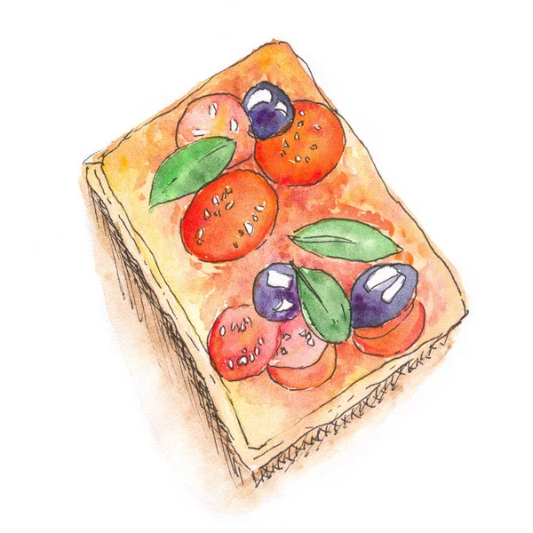 トマトとオリーブと新鮮な平方ジューシーな水彩サンドイッチ 隔離された背景で — ストック写真