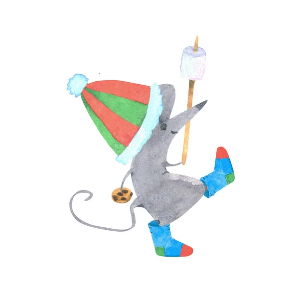Акварельная иллюстрация мыши в шляпе и носках держит удар — стоковое фото