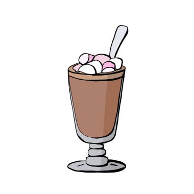 Glass of cocoa with a spoon and a cup of coffee with marshmallows for a cafe menu in the vector isolated