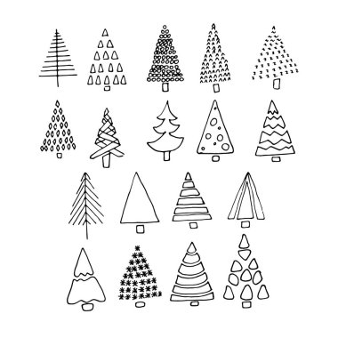 Hand drawn doodle of Christmas and Holidays trees. Trees for New Year and Christmas greeting cards, wrapping holiday design. Vector art illustration.