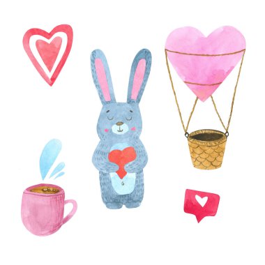 Watercolor set of elements for Valentine's day. Heart, a mug of 