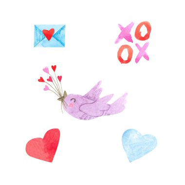 Watercolor set of elements for Valentine's day. Letter, xoxo, bi