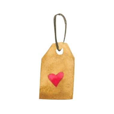 Heart shape wood tag with a red ribbon decoration watercolor ima