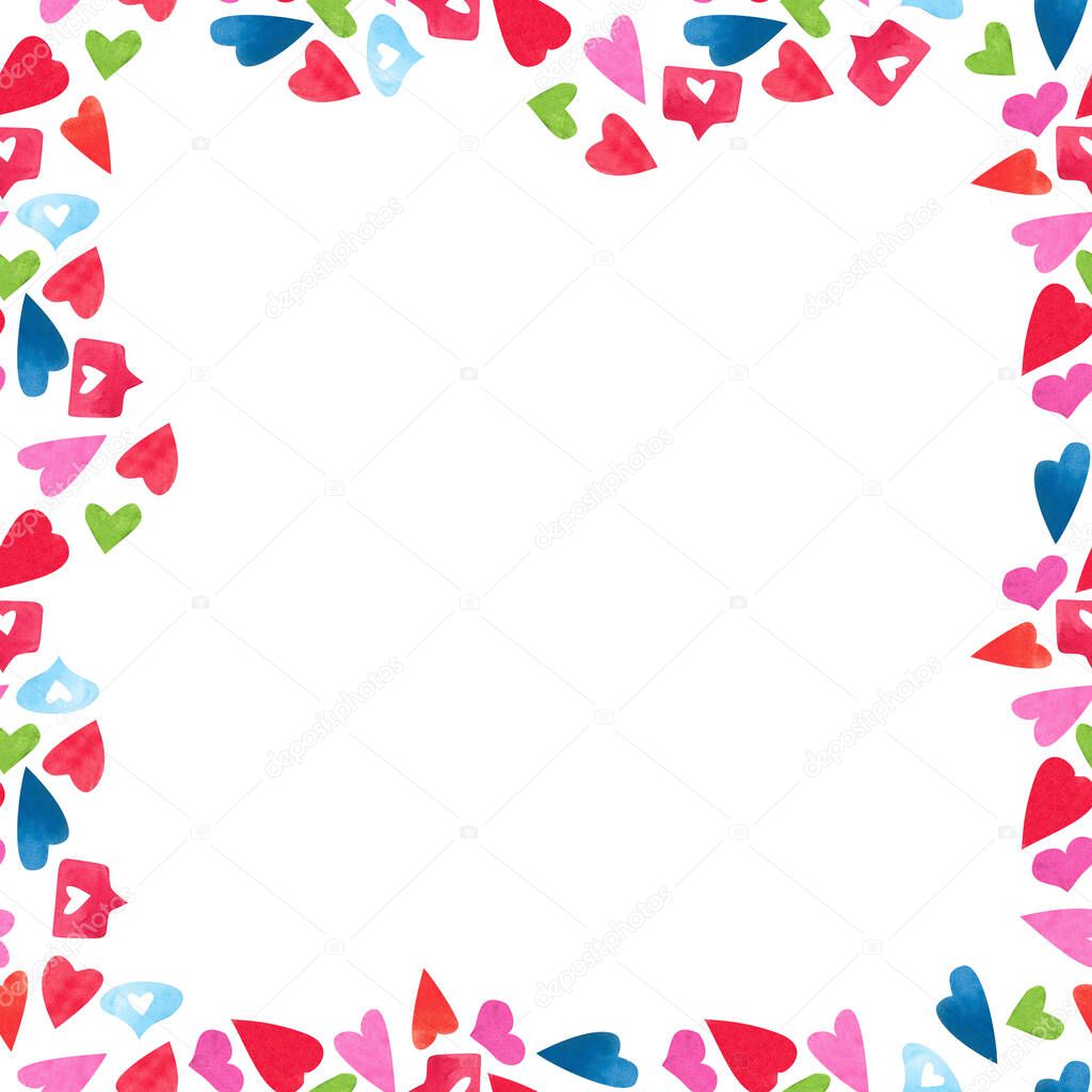 Multi-colored hearts and tag clouds seamless pattern background.