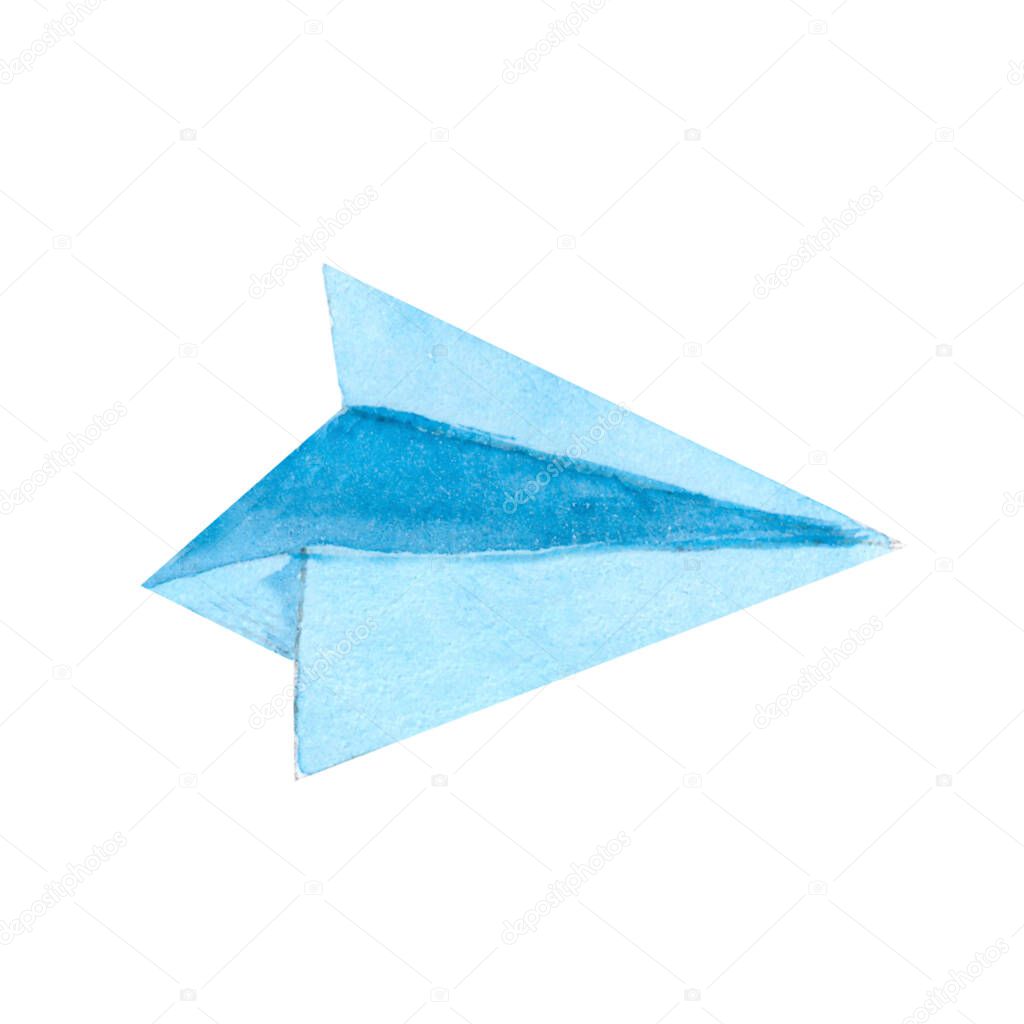 Blue watercolor paper airplane. Icon for business. Sending messa