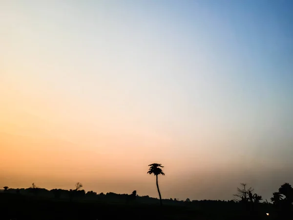 Dorflandwirtschaft Land Und Umwelt Bei Sonnenuntergang Und Silberfarbenem Himmel — Stockfoto