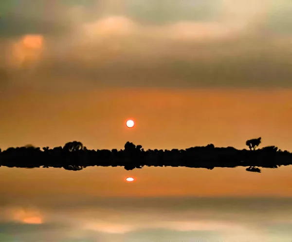 Environnement Village Indien Coucher Soleil Arbres Verts Soleil Nuages Reflet — Photo