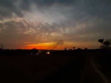 Akşam Hindistan 'ın kırsal kesiminde, güneş ışığında, mavi gökyüzünün beyaz bulutları kızıla döndü ve çeltik tarlaları hasat edildikten sonra, tarlalar alev aldı.