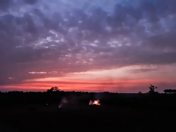 傍晚时分 印度的乡村环境 在阳光下 蓝天的白云变成了红色 稻田收获后 田野失火了 — 图库照片