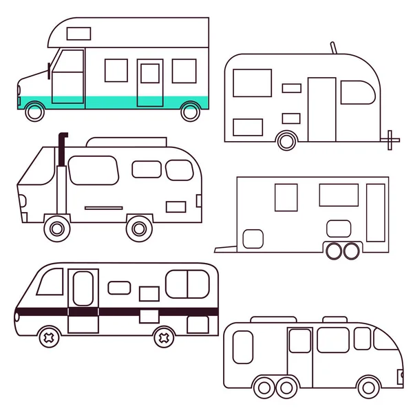 Vetor Transporte Caravana Reboque Set Camping Reboques Isolados Fundo Branco — Vetor de Stock
