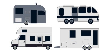 Vector düz nakliye konvoyu ve karavan seti. Kamp karavanları beyaz arka planda izole edilmiş. Kırsal ve doğal eğlence için modern mobil ev. Aile turizmi ve eğlence araçları..