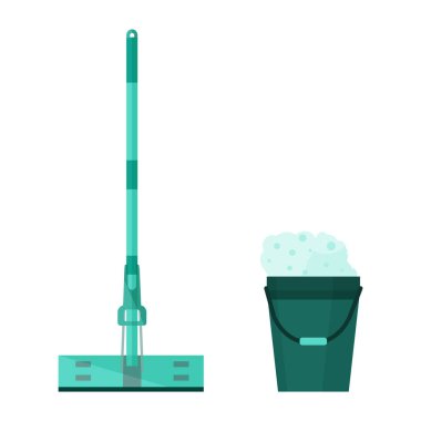 Yer temizleme aletleri. Ev işleri işte. Köpüklü kova ve beyaz arka planda bir paspas. Düz bir şekilde basit vektör illüstrasyonu.