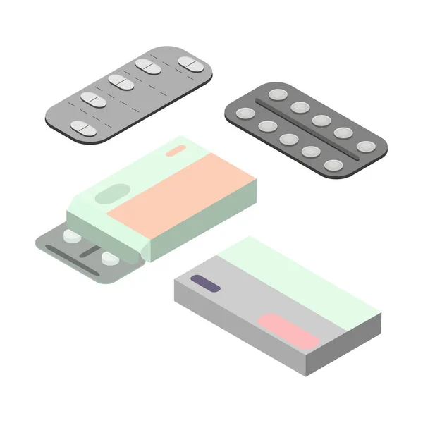 Farmaco Stile Isometrico Pillole Mediche Pacchetto Illustrazione Vettoriale Isolata Sfondo — Vettoriale Stock