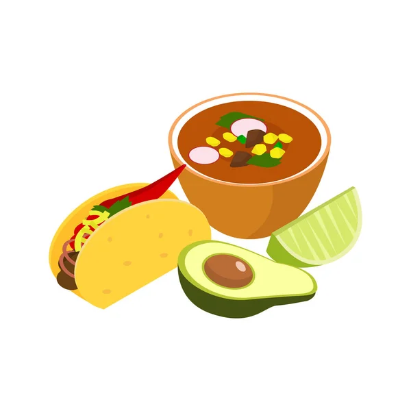Estilo Isométrico Icon Mexican Food Concept Sopa Posole Taco Abacate —  Vetores de Stock