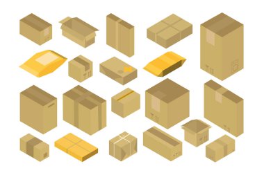 Isometric biçim simgesi. Boyutuna göre farklı paketler. Beyaz arkaplanda izole edilmiş 20 paket kutusunun Isometric illüstrasyonu.