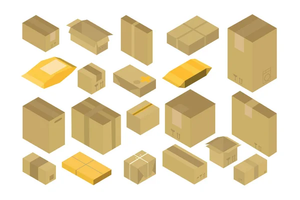 Icono Estilo Isométrico Conjunto Paquetes Diferentes Tamaño Ilustración Isométrica Cajas — Vector de stock