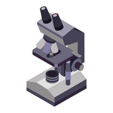 Isometric style simgesi. Mikroskop 3d izometrik tasarım. Tıbbi biyolojik teşhisler. Beyaz arkaplanda izole edilmiş vektör illüstrasyonu.