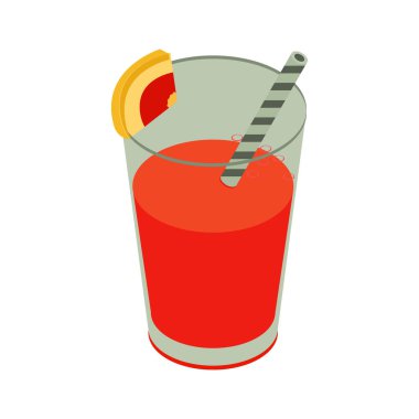 Isometric tarzı simge. Taze sıkılmış greyfurt suyu. Web tasarımı için beyaz arkaplanda izole edilmiş vektör illüstrasyonu.