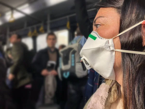 Woman with respiratory mask traveling in the public transport by plain. Coronavirus, covid19