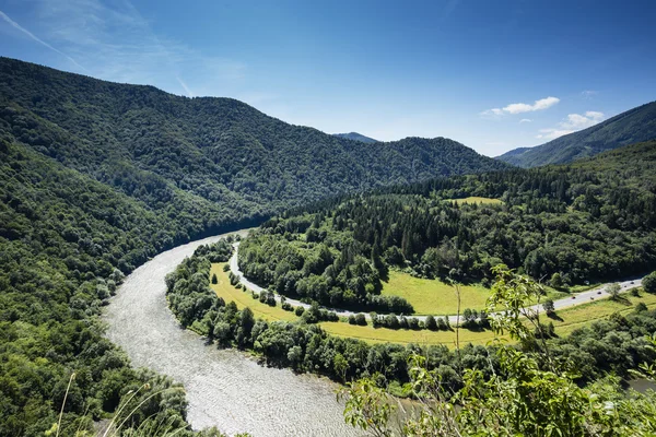 Vy av highway-, flod-, skogs- och gräsmark, Domasinsky medelvärde — Stockfoto