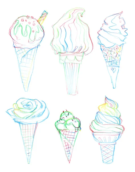 Set with ice cream on a white background. Pencil drawing. Multicolour pencil.