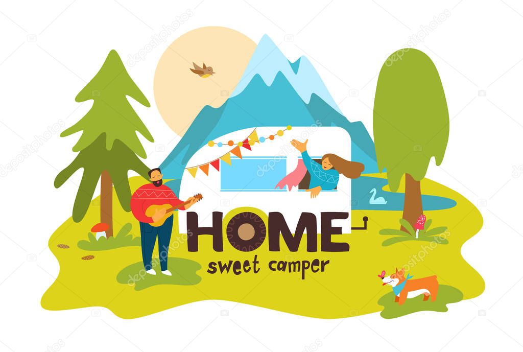 Home sweet camper quote. Young happy couple on the background of nature and camper. The concept of camping. Vector illustration.