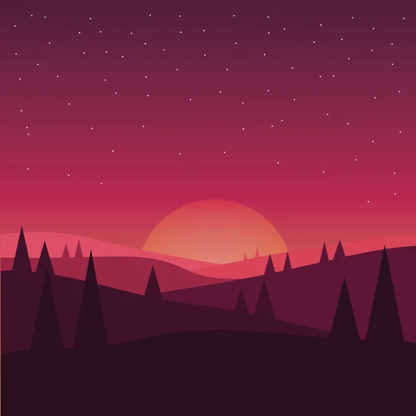 Solnedgång landskap med träd — Stock vektor
