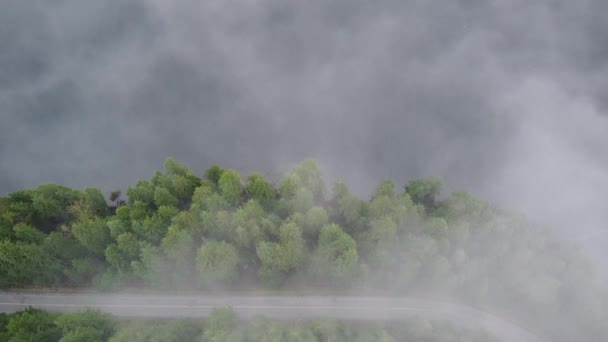 Nuages bas sur la forêt et le lac. Route à une voie entre les arbres 