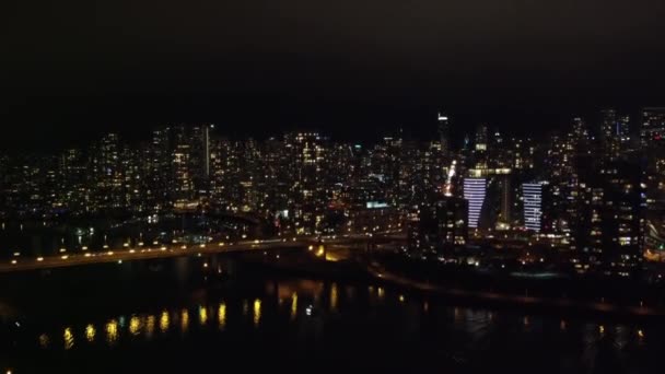 Vue Aérienne Centre Ville Vancouver Pont Cambie Dans Nuit — Video
