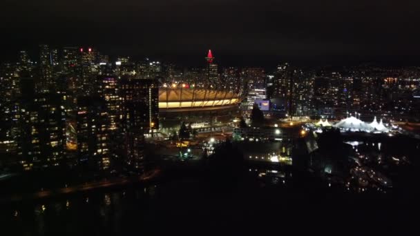 夜间空中拍摄的Bc Place 温哥华飞越城市上空 — 图库视频影像