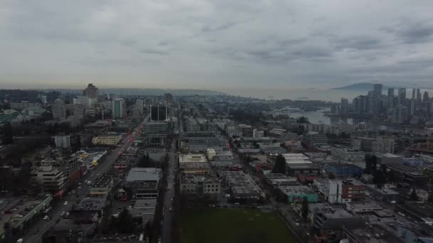 Fly Vancouver Roofs Broadway Traffic Partially Visible Downtown — Stock Video