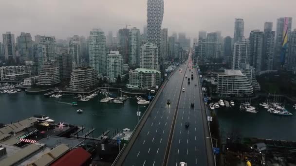 从空中俯瞰以市中心为背景的大桥 — 图库视频影像