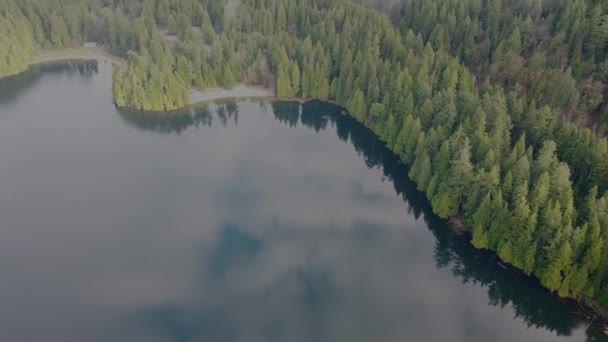 Fly Sjøen Med Skyrefleksjon Omgitt Skogen – stockvideo