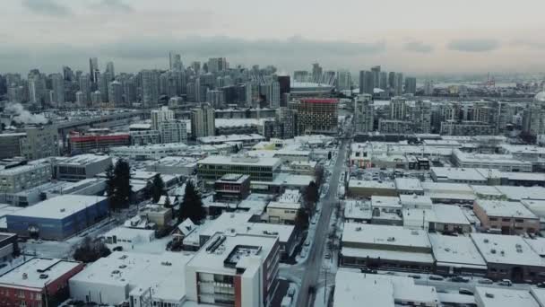 Flyg Över Snötak Och Öppna Vancouver Centrum Vintern — Stockvideo