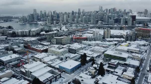 Luchtfoto Van Vancouver Centrum Bedekt Met Sneeuw — Stockvideo