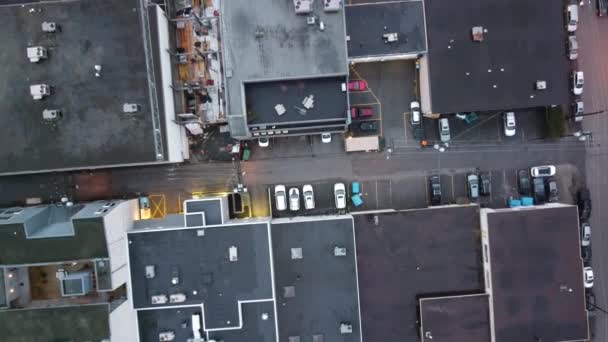 Aerial View Construction Site Roofs Neighborhood Buildings Parked Cars — Stock Video