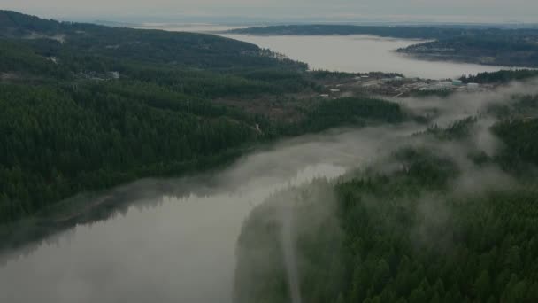 Vue Aérienne Lac Recouvert Brouillard Mou Entouré Par Forêt — Video